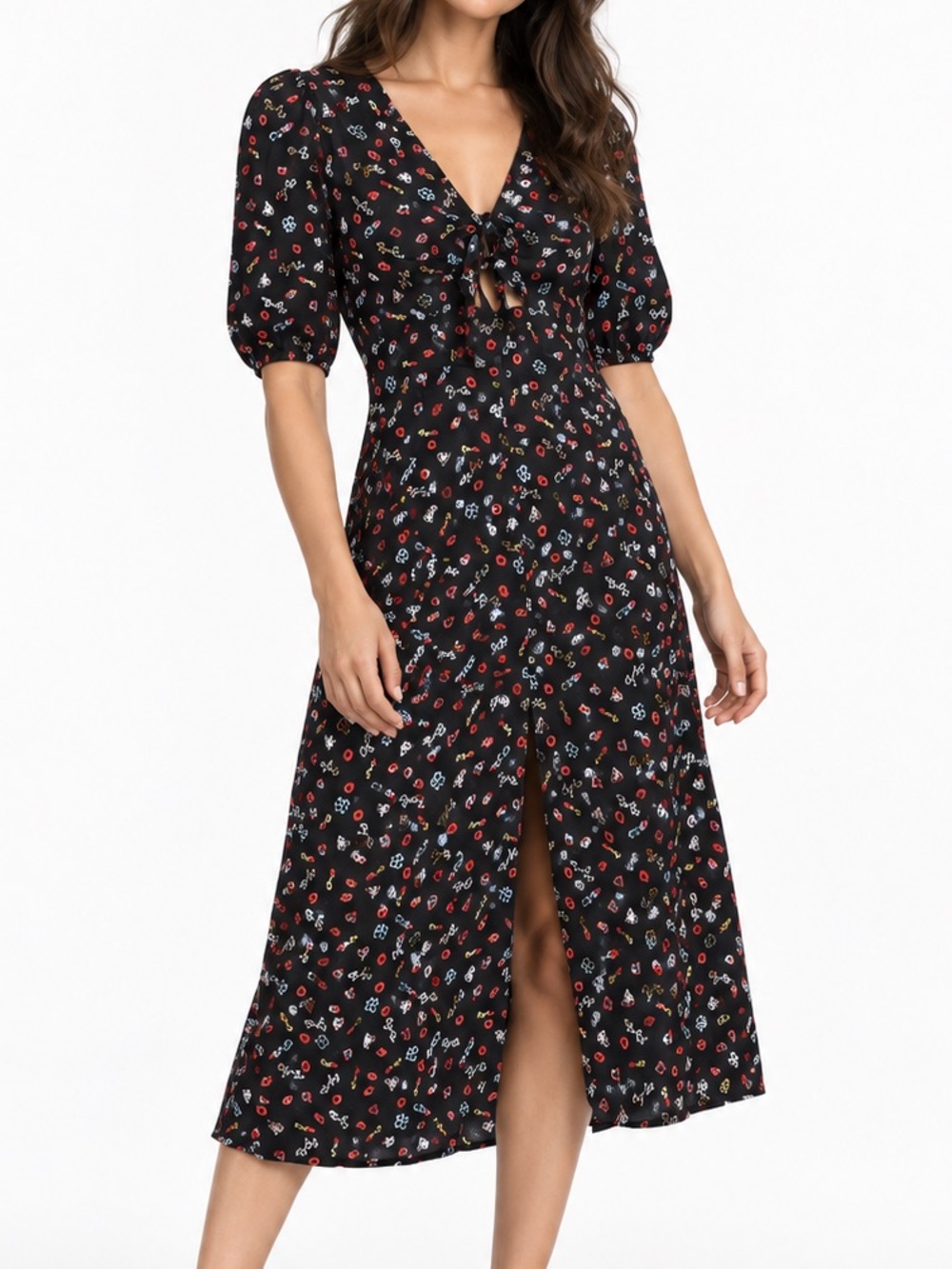 Maje Paris Lipstick Heart Print Jacquard Midi Dress 40 Puff Sleeve Tie Front